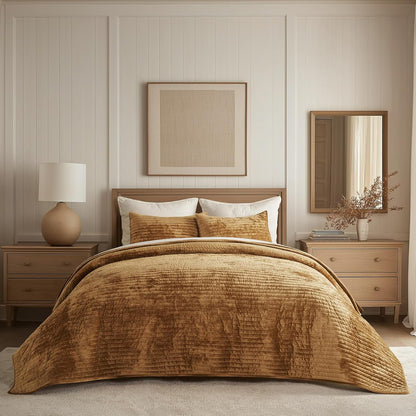 Velvet Quilt Set King Size, Luxurious Soft Striped Channel Bedding Set, Lightweight Velvet Comforter for All Season, Oversized Bedspread Coverlet with 2 Matching Shams, Gold Yellow