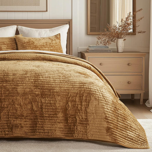Velvet Quilt Set King Size, Luxurious Soft Striped Channel Bedding Set, Lightweight Velvet Comforter for All Season, Oversized Bedspread Coverlet with 2 Matching Shams, Gold Yellow