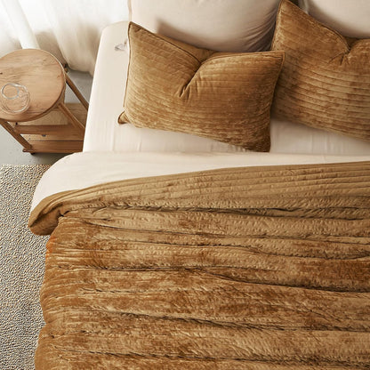 Velvet Quilt Set King Size, Luxurious Soft Striped Channel Bedding Set, Lightweight Velvet Comforter for All Season, Oversized Bedspread Coverlet with 2 Matching Shams, Gold Yellow