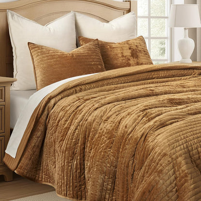 Velvet Quilt Set King Size, Luxurious Soft Striped Channel Bedding Set, Lightweight Velvet Comforter for All Season, Oversized Bedspread Coverlet with 2 Matching Shams, Gold Yellow