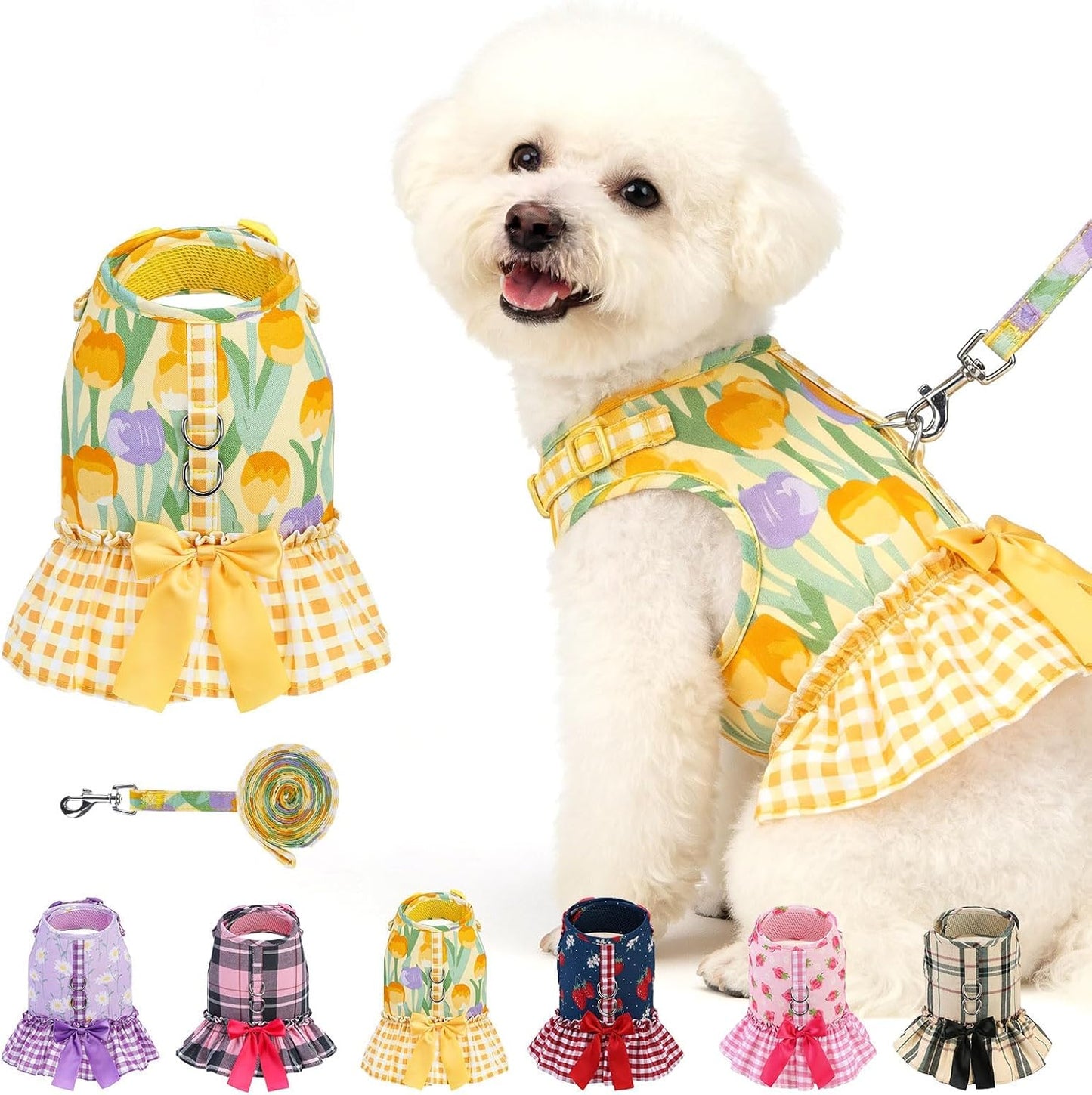 Dog Harness Small Medium Sized Dogs, No Choke No Pull Mesh Vest | Tulip Dog Dress Bowknot Harness and Leash Set Soft Cute Princess Puppy Outfits Clothes Costume for Girls Party Cats Yellow S