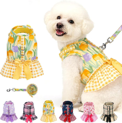 Dog Harness Small Medium Sized Dogs, No Choke No Pull Mesh Vest | Tulip Dog Dress Bowknot Harness and Leash Set Soft Cute Princess Puppy Outfits Clothes Costume for Girls Party Cats Yellow S