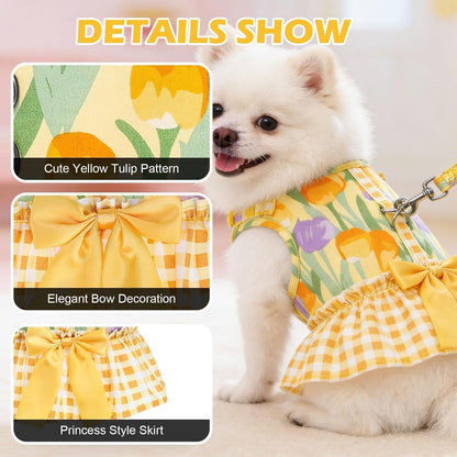 Dog Harness Small Medium Sized Dogs, No Choke No Pull Mesh Vest | Tulip Dog Dress Bowknot Harness and Leash Set Soft Cute Princess Puppy Outfits Clothes Costume for Girls Party Cats Yellow S