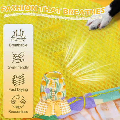 Dog Harness Small Medium Sized Dogs, No Choke No Pull Mesh Vest | Tulip Dog Dress Bowknot Harness and Leash Set Soft Cute Princess Puppy Outfits Clothes Costume for Girls Party Cats Yellow S
