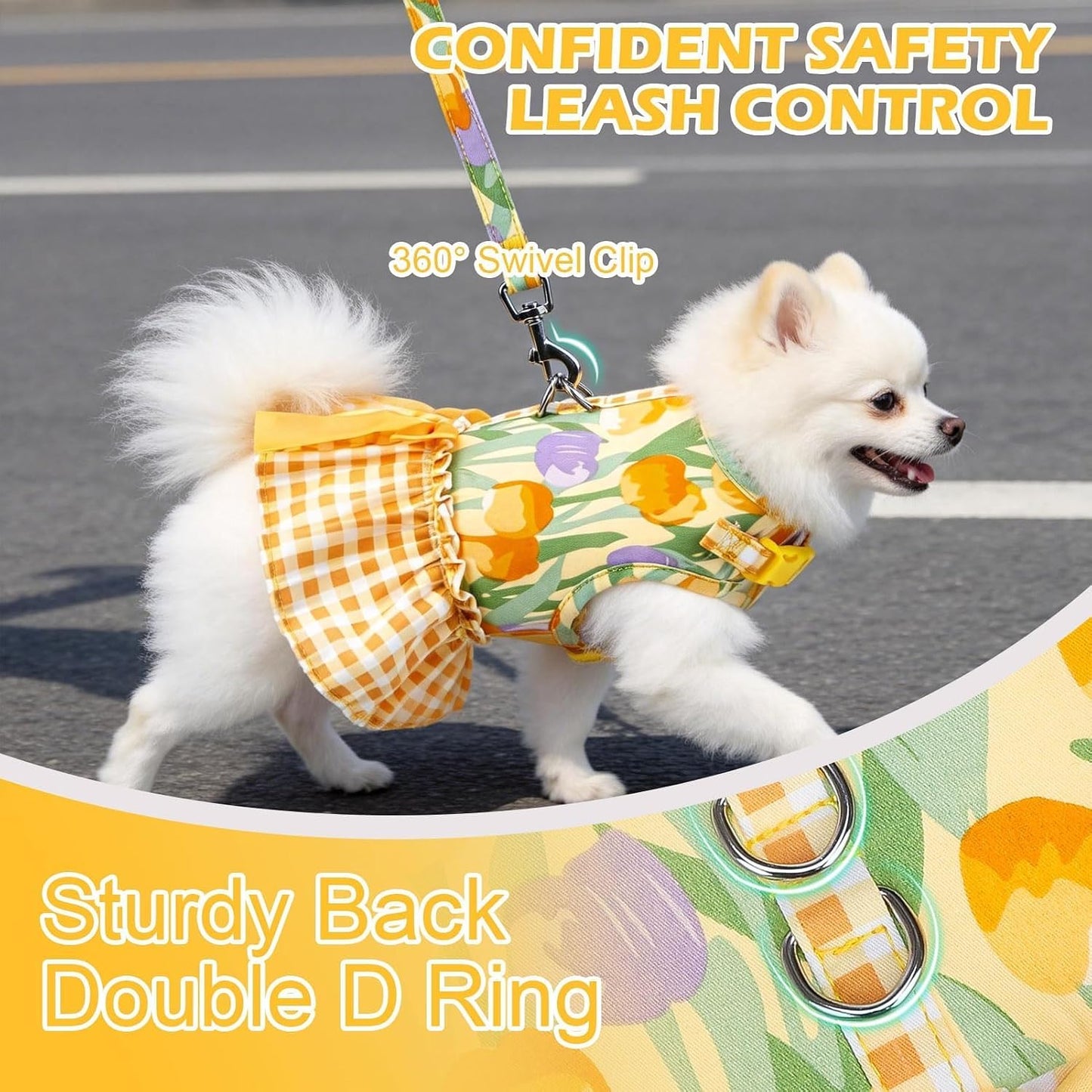 Dog Harness Small Medium Sized Dogs, No Choke No Pull Mesh Vest | Tulip Dog Dress Bowknot Harness and Leash Set Soft Cute Princess Puppy Outfits Clothes Costume for Girls Party Cats Yellow S