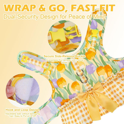 Dog Harness Small Medium Sized Dogs, No Choke No Pull Mesh Vest | Tulip Dog Dress Bowknot Harness and Leash Set Soft Cute Princess Puppy Outfits Clothes Costume for Girls Party Cats Yellow S