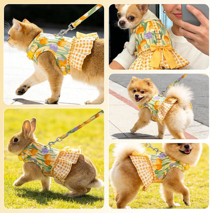 Dog Harness Small Medium Sized Dogs, No Choke No Pull Mesh Vest | Tulip Dog Dress Bowknot Harness and Leash Set Soft Cute Princess Puppy Outfits Clothes Costume for Girls Party Cats Yellow S