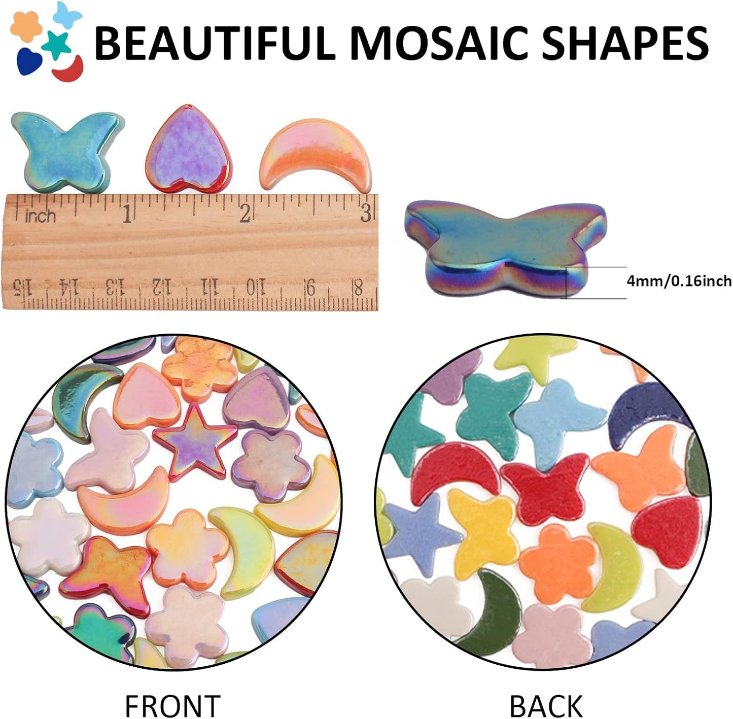 Glass Mosaic Tiles for Crafts Bulk,200g Mosaic Glass Pieces, Butterfly Star Moon Heart Flower Shape Glass DIY Stained Glass Kit, Mosaic Charm Ornament(7.05 Ounce)