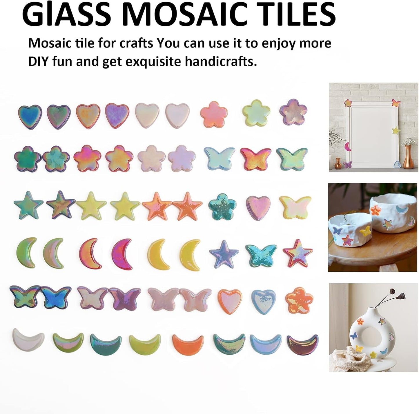 Glass Mosaic Tiles for Crafts Bulk,200g Mosaic Glass Pieces, Butterfly Star Moon Heart Flower Shape Glass DIY Stained Glass Kit, Mosaic Charm Ornament(7.05 Ounce)