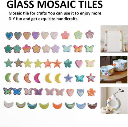 Glass Mosaic Tiles for Crafts Bulk,200g Mosaic Glass Pieces, Butterfly Star Moon Heart Flower Shape Glass DIY Stained Glass Kit, Mosaic Charm Ornament(7.05 Ounce)