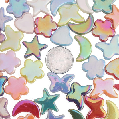Glass Mosaic Tiles for Crafts Bulk,200g Mosaic Glass Pieces, Butterfly Star Moon Heart Flower Shape Glass DIY Stained Glass Kit, Mosaic Charm Ornament(7.05 Ounce)