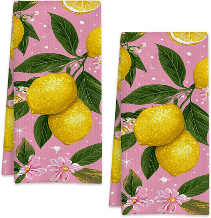 Pink Lemon Fruit Botanical Hand Towels for Bathroom Set of 2,Soft Absorbent Waffle Weave Kitchen Towels Dish Towel,Decorative Bathroom Towel for Kitchen Yoga Home Decor 16X24 Inch