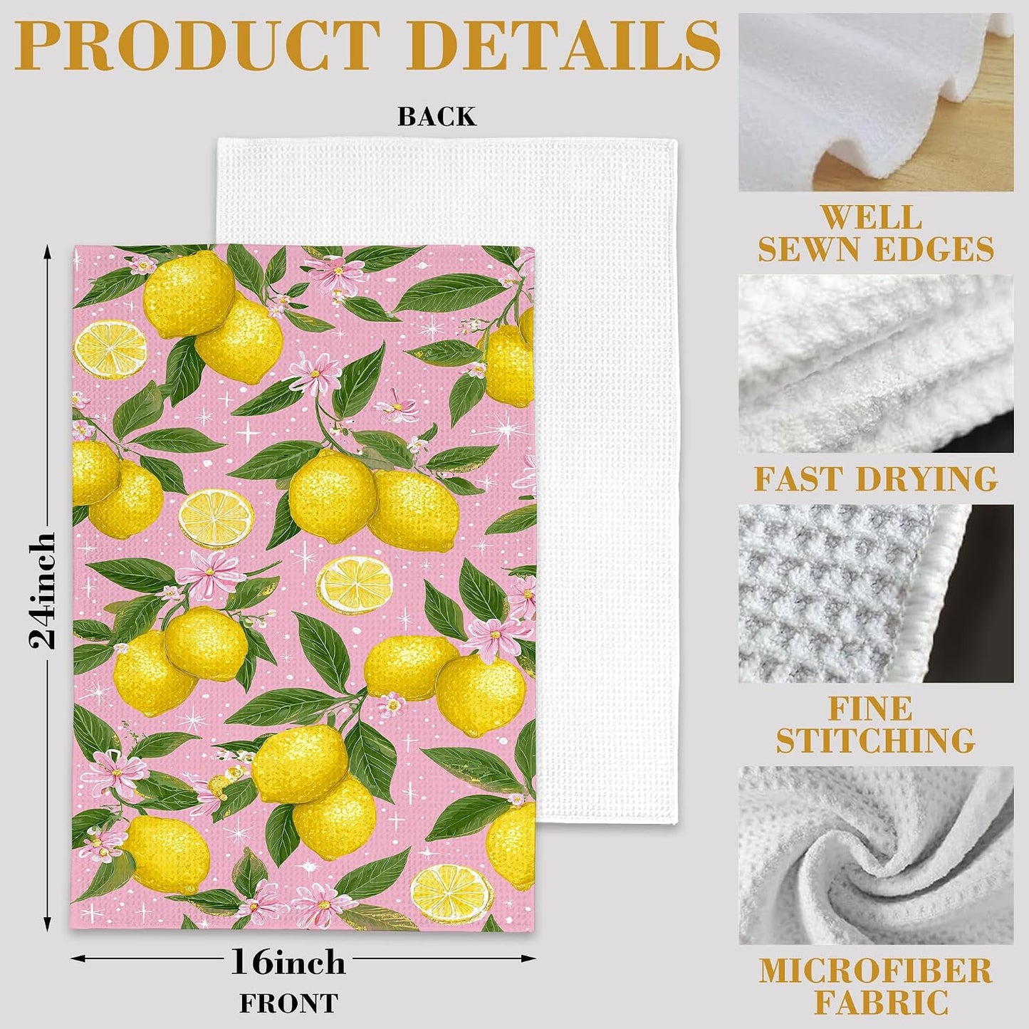Pink Lemon Fruit Botanical Hand Towels for Bathroom Set of 2,Soft Absorbent Waffle Weave Kitchen Towels Dish Towel,Decorative Bathroom Towel for Kitchen Yoga Home Decor 16X24 Inch