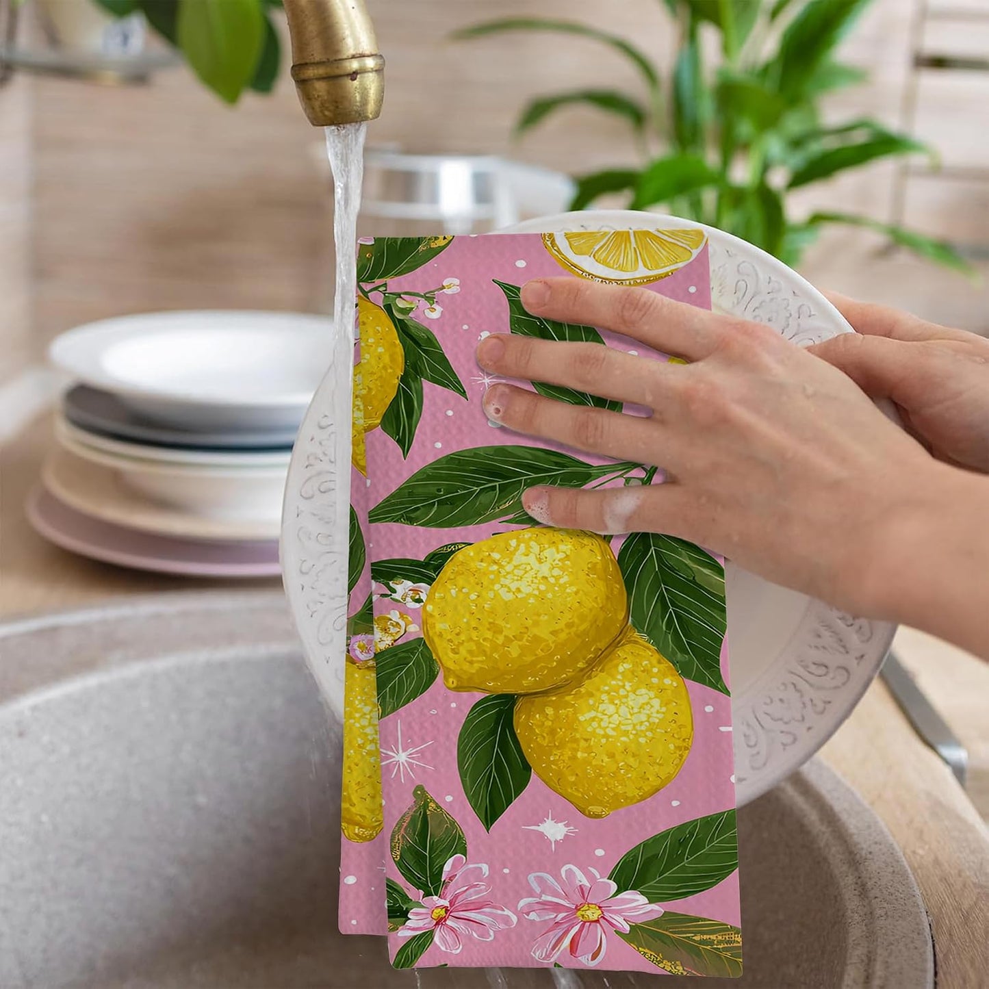 Pink Lemon Fruit Botanical Hand Towels for Bathroom Set of 2,Soft Absorbent Waffle Weave Kitchen Towels Dish Towel,Decorative Bathroom Towel for Kitchen Yoga Home Decor 16X24 Inch