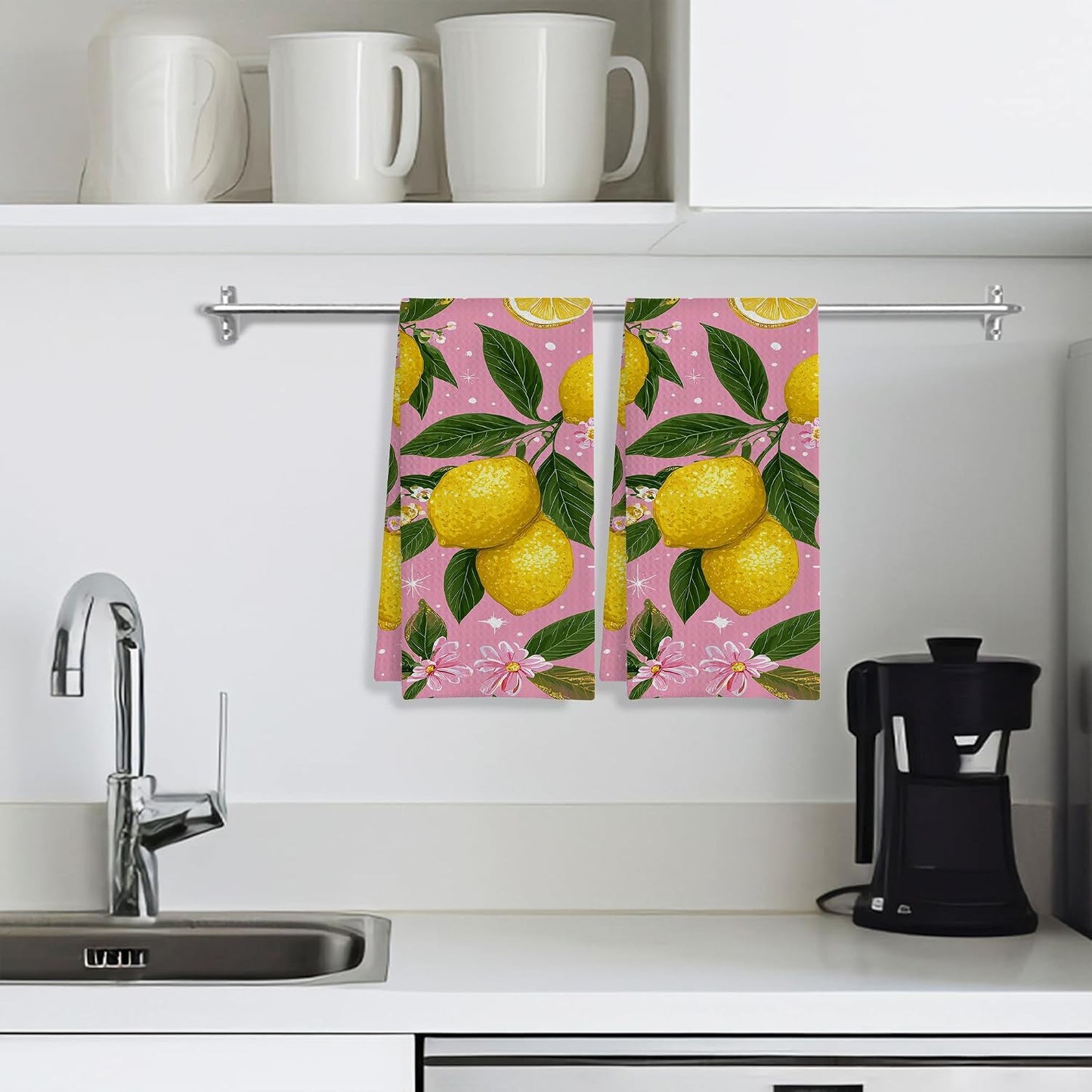 Pink Lemon Fruit Botanical Hand Towels for Bathroom Set of 2,Soft Absorbent Waffle Weave Kitchen Towels Dish Towel,Decorative Bathroom Towel for Kitchen Yoga Home Decor 16X24 Inch