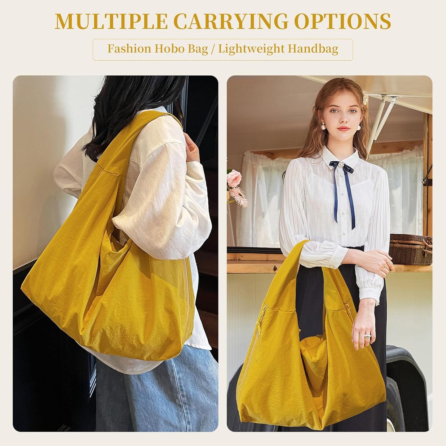 Slouchy Nylon Hobo Bag for Women Large Tote Underarm Shoulder Bag Travel Beach Gym Weekend Vacation