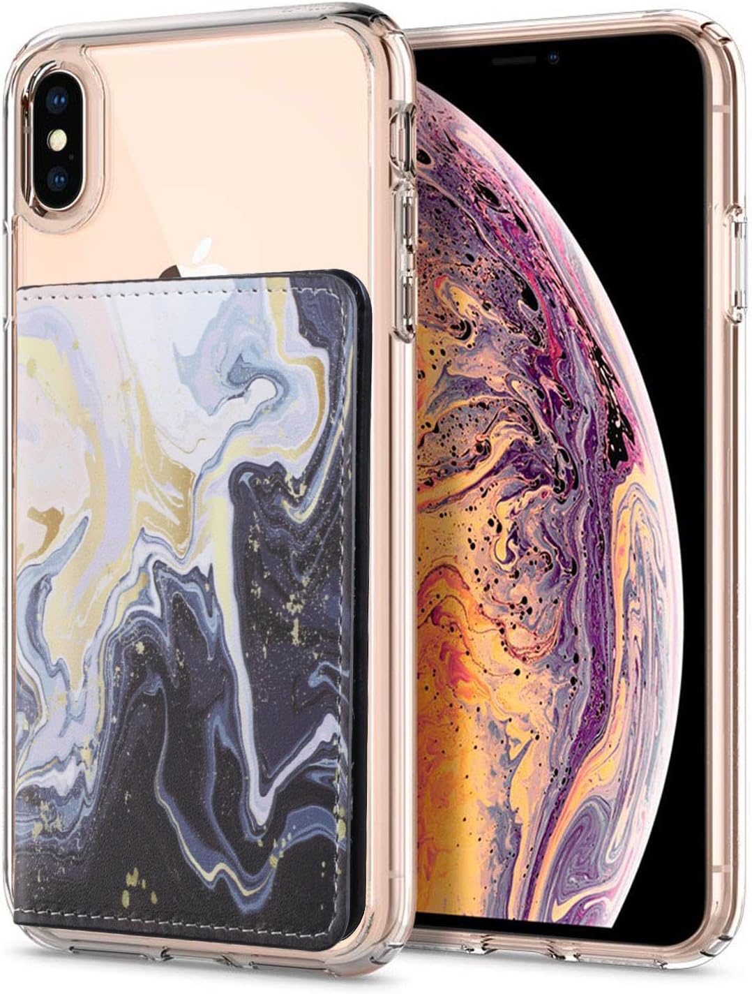 Credit ID Card Holder for Back of Phone Leather Phone Wallet Stick On with Stand Flip Waterproof Leather Adhesive Wallet for Most Cellphones (Marble Yellow)