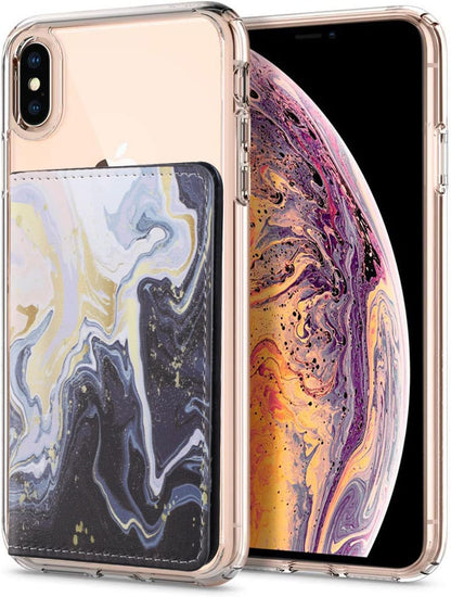 Credit ID Card Holder for Back of Phone Leather Phone Wallet Stick On with Stand Flip Waterproof Leather Adhesive Wallet for Most Cellphones (Marble Yellow)