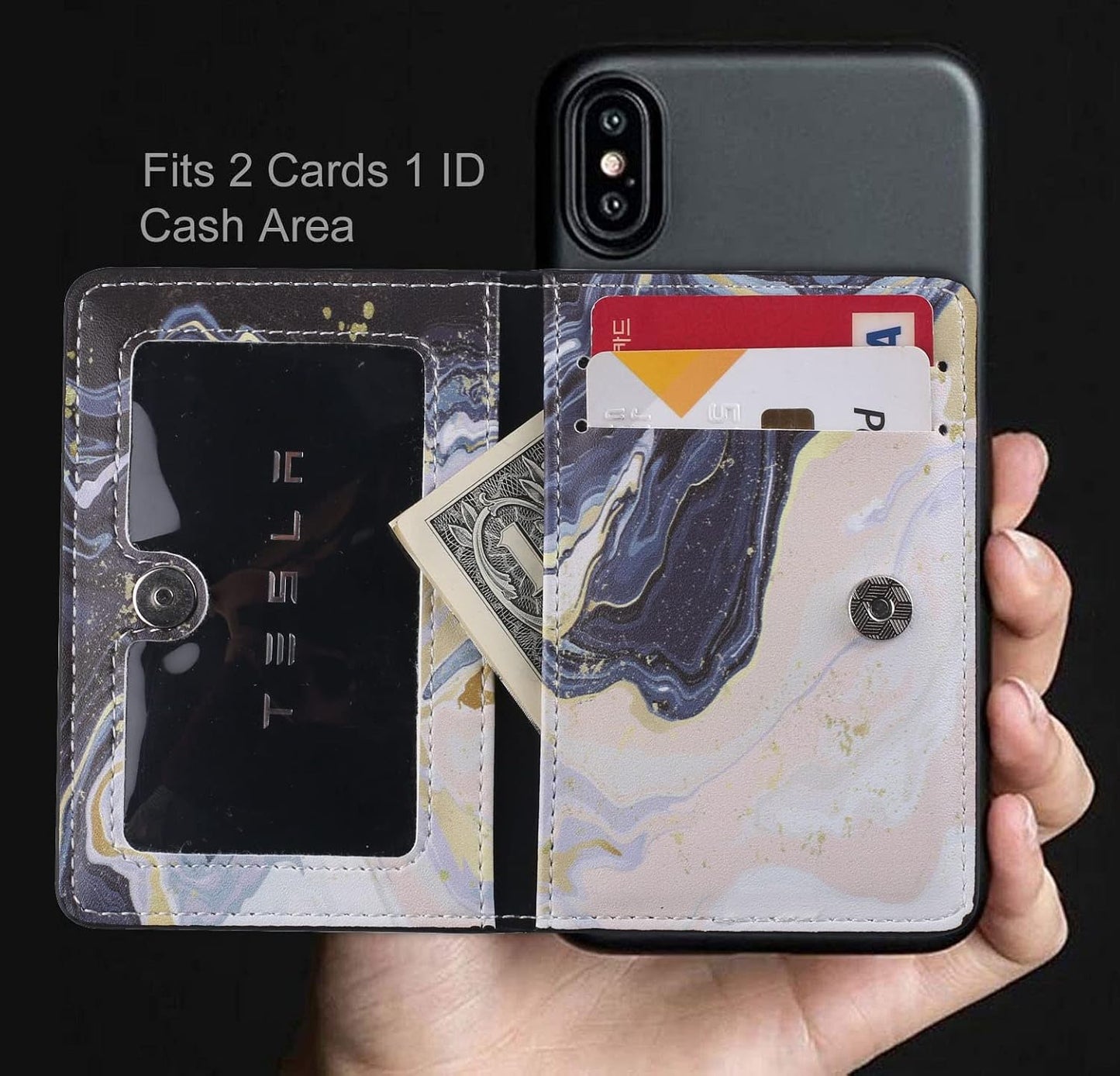 Credit ID Card Holder for Back of Phone Leather Phone Wallet Stick On with Stand Flip Waterproof Leather Adhesive Wallet for Most Cellphones (Marble Yellow)