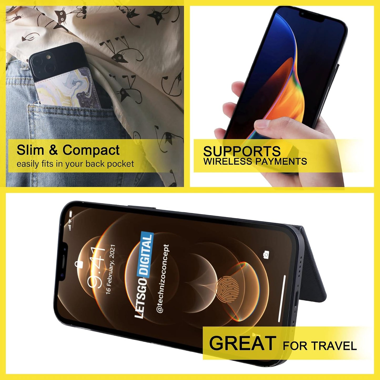 Credit ID Card Holder for Back of Phone Leather Phone Wallet Stick On with Stand Flip Waterproof Leather Adhesive Wallet for Most Cellphones (Marble Yellow)