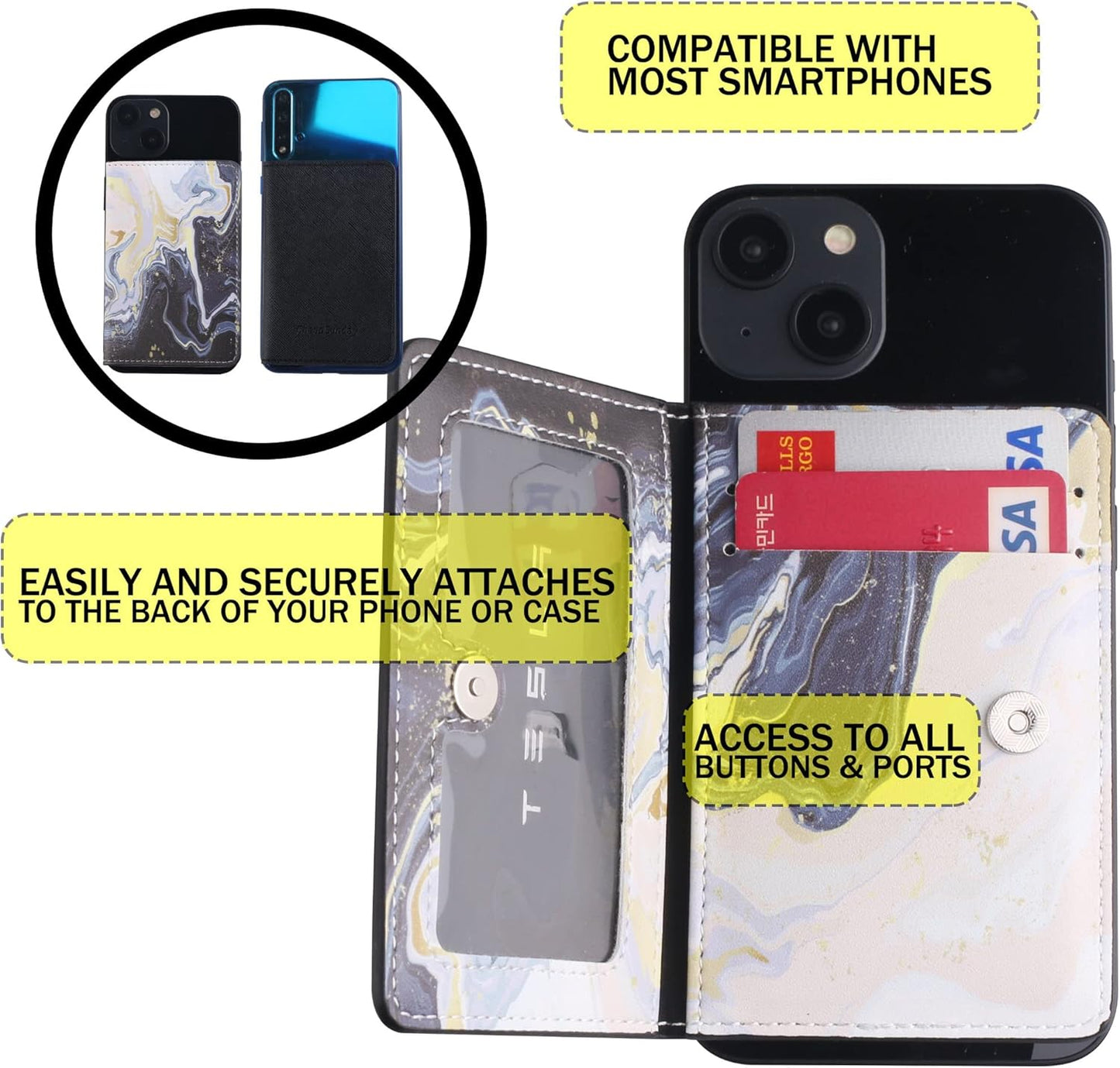 Credit ID Card Holder for Back of Phone Leather Phone Wallet Stick On with Stand Flip Waterproof Leather Adhesive Wallet for Most Cellphones (Marble Yellow)