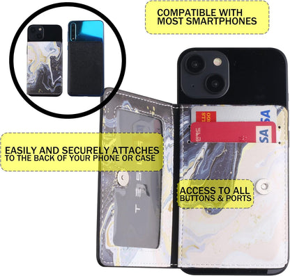 Credit ID Card Holder for Back of Phone Leather Phone Wallet Stick On with Stand Flip Waterproof Leather Adhesive Wallet for Most Cellphones (Marble Yellow)