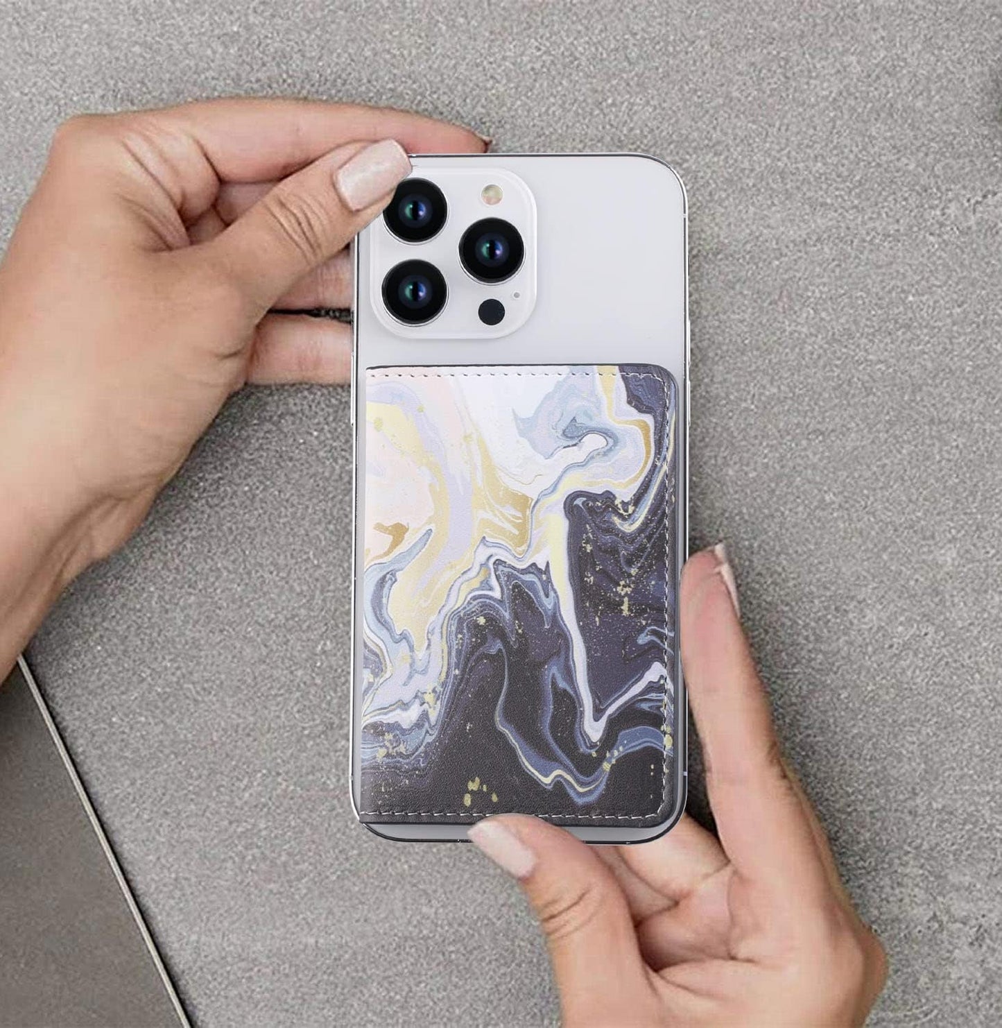 Credit ID Card Holder for Back of Phone Leather Phone Wallet Stick On with Stand Flip Waterproof Leather Adhesive Wallet for Most Cellphones (Marble Yellow)