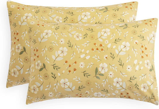 Floral Pillow Cases, Botanical Cute Flower Leaf Shabby Chic Coquette Cottagecore Aesthetic, Set of 2 Soft Pillowcases Pillow Shams Covers, Yellow, Standard Size 20x26 Inches