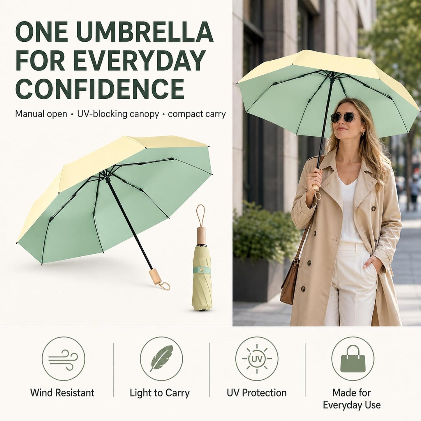 Large Travel Umbrella for Rain and Sun, Compact Folding
