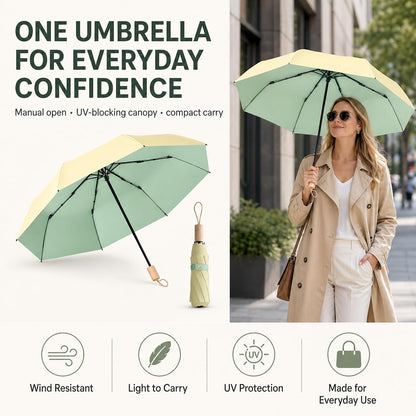 Large Travel Umbrella for Rain and Sun, Compact Folding