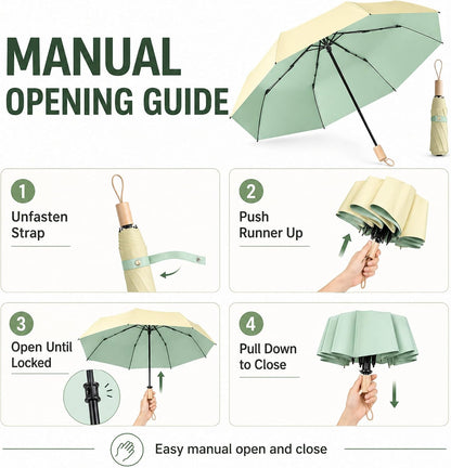 Large Travel Umbrella for Rain and Sun, Compact Folding