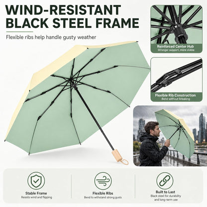 Large Travel Umbrella for Rain and Sun, Compact Folding
