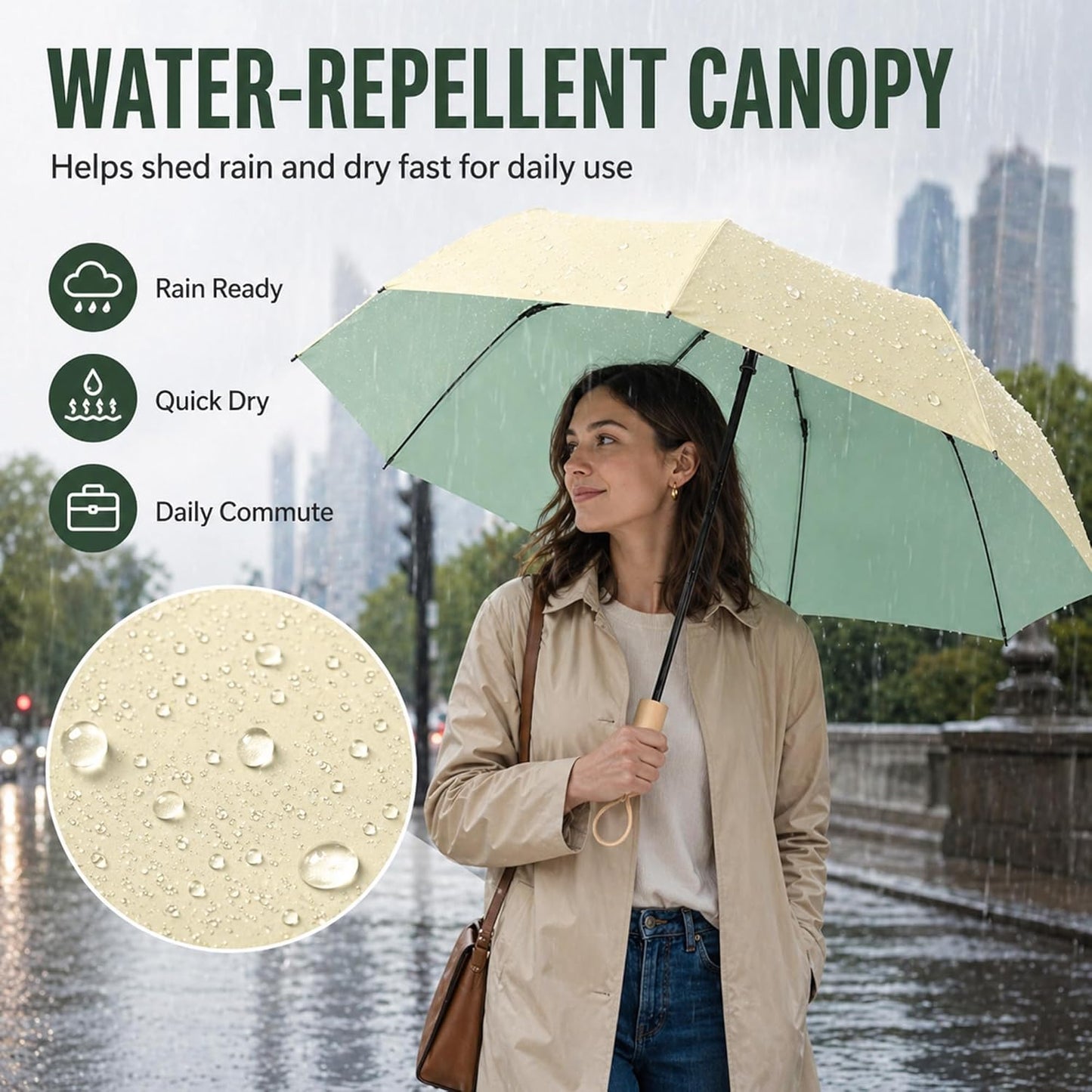 Large Travel Umbrella for Rain and Sun, Compact Folding