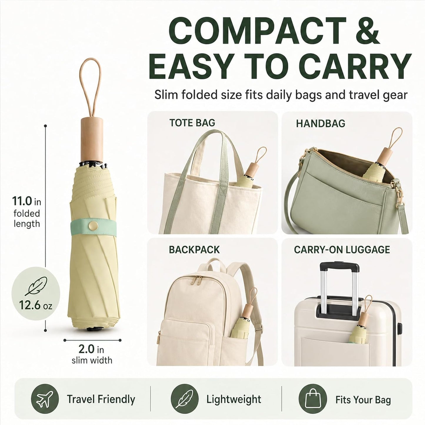 Large Travel Umbrella for Rain and Sun, Compact Folding