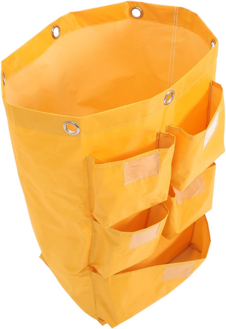 Waterproof Canvas Janitorial Cleaning Cart Bag 5 Pockets, Yellow Trash Collection Storage Pouch for Hotel Housekeeping and Cleaning Supplies