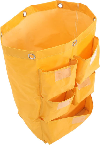 Waterproof Canvas Janitorial Cleaning Cart Bag 5 Pockets, Yellow Trash Collection Storage Pouch for Hotel Housekeeping and Cleaning Supplies