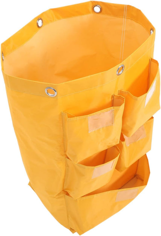 Waterproof Canvas Janitorial Cleaning Cart Bag 5 Pockets, Yellow Trash Collection Storage Pouch for Hotel Housekeeping and Cleaning Supplies