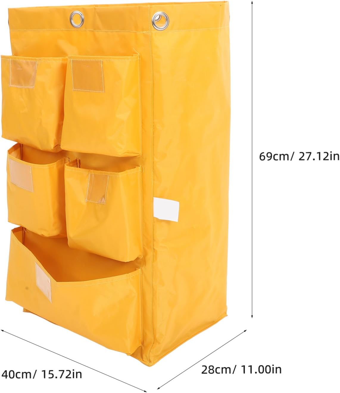 Waterproof Canvas Janitorial Cleaning Cart Bag 5 Pockets, Yellow Trash Collection Storage Pouch for Hotel Housekeeping and Cleaning Supplies