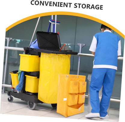 Waterproof Canvas Janitorial Cleaning Cart Bag 5 Pockets, Yellow Trash Collection Storage Pouch for Hotel Housekeeping and Cleaning Supplies
