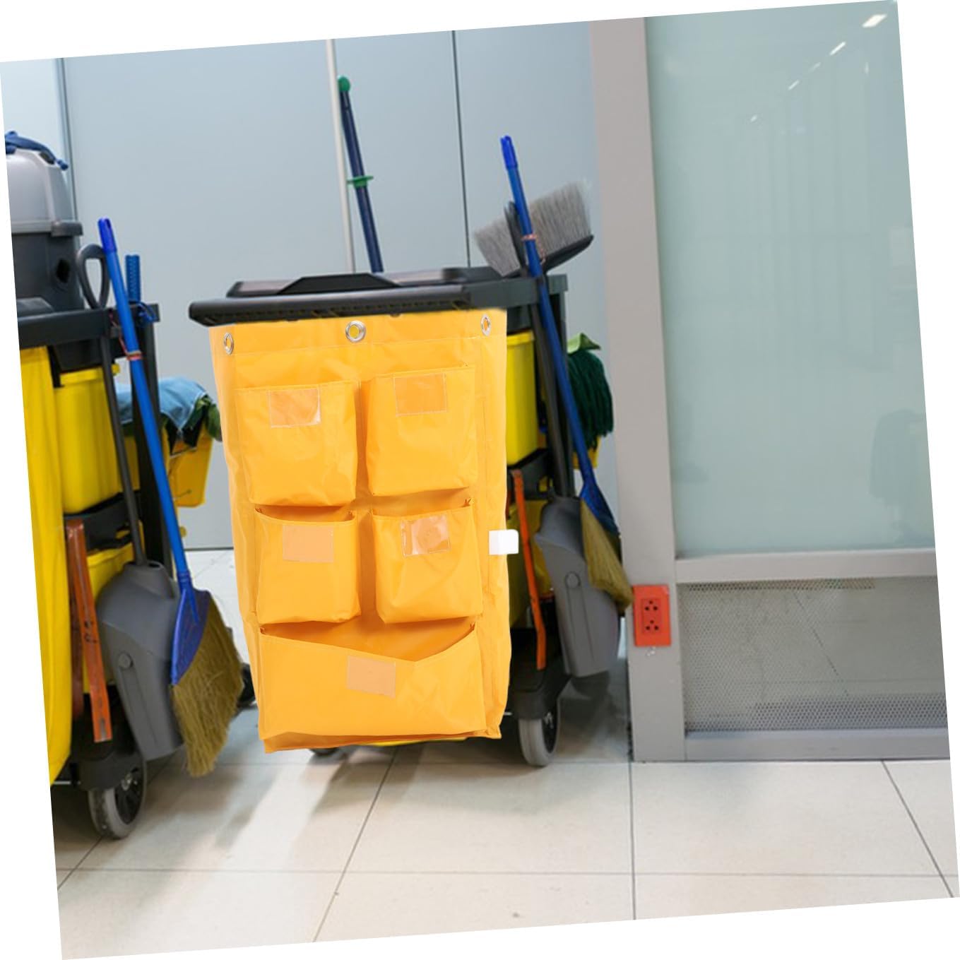 Waterproof Canvas Janitorial Cleaning Cart Bag 5 Pockets, Yellow Trash Collection Storage Pouch for Hotel Housekeeping and Cleaning Supplies