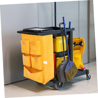 Waterproof Canvas Janitorial Cleaning Cart Bag 5 Pockets, Yellow Trash Collection Storage Pouch for Hotel Housekeeping and Cleaning Supplies