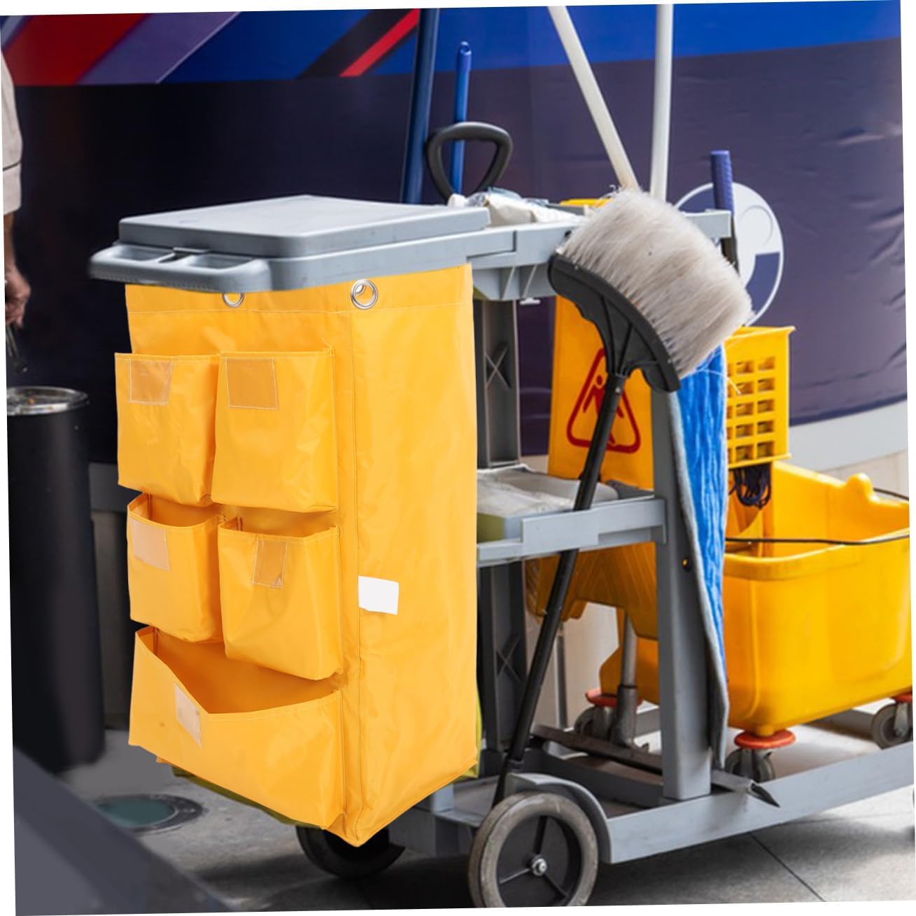 Waterproof Canvas Janitorial Cleaning Cart Bag 5 Pockets, Yellow Trash Collection Storage Pouch for Hotel Housekeeping and Cleaning Supplies
