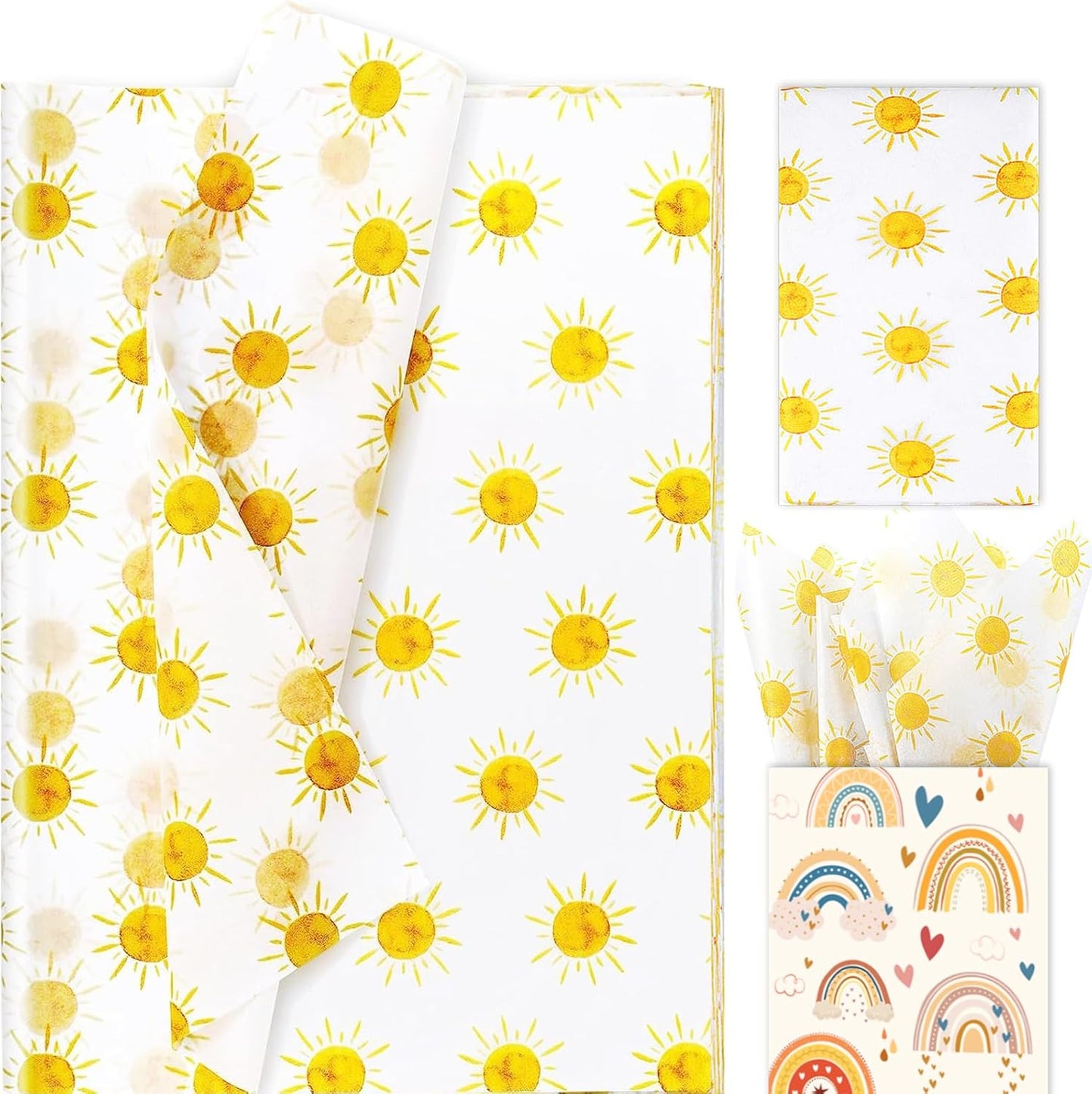 100 Sheets 20 * 14 Inches Boho Sun Tissue Paper for Gift Wrapping, Yellow Sunshine Tissue Paper for Gift Bags for First Trip Around The Sun Birthday Party Baby Shower DIY Craft