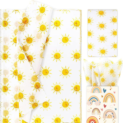 100 Sheets 20 * 14 Inches Boho Sun Tissue Paper for Gift Wrapping, Yellow Sunshine Tissue Paper for Gift Bags for First Trip Around The Sun Birthday Party Baby Shower DIY Craft