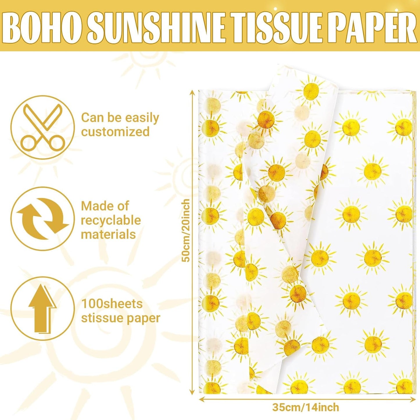 100 Sheets 20 * 14 Inches Boho Sun Tissue Paper for Gift Wrapping, Yellow Sunshine Tissue Paper for Gift Bags for First Trip Around The Sun Birthday Party Baby Shower DIY Craft