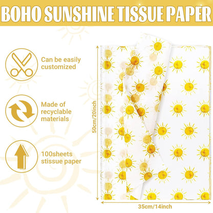 100 Sheets 20 * 14 Inches Boho Sun Tissue Paper for Gift Wrapping, Yellow Sunshine Tissue Paper for Gift Bags for First Trip Around The Sun Birthday Party Baby Shower DIY Craft