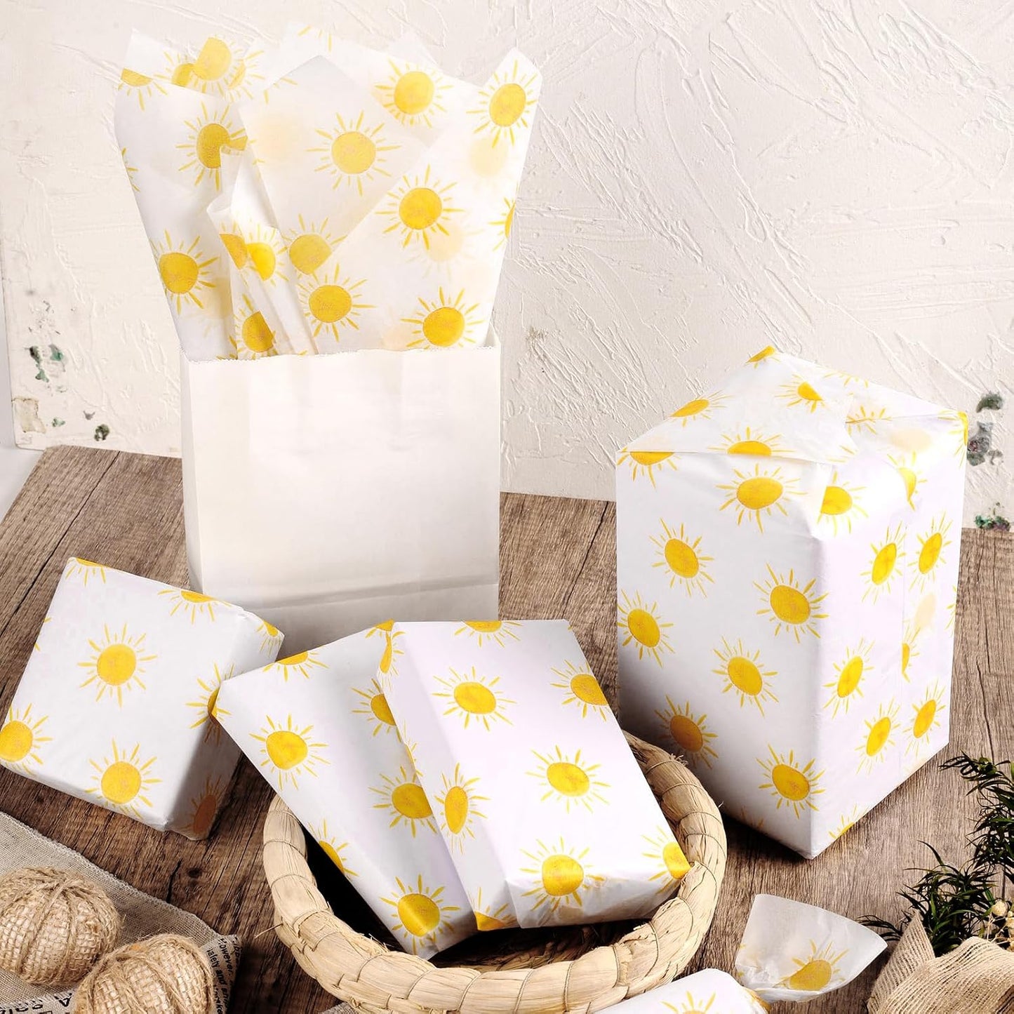 100 Sheets 20 * 14 Inches Boho Sun Tissue Paper for Gift Wrapping, Yellow Sunshine Tissue Paper for Gift Bags for First Trip Around The Sun Birthday Party Baby Shower DIY Craft