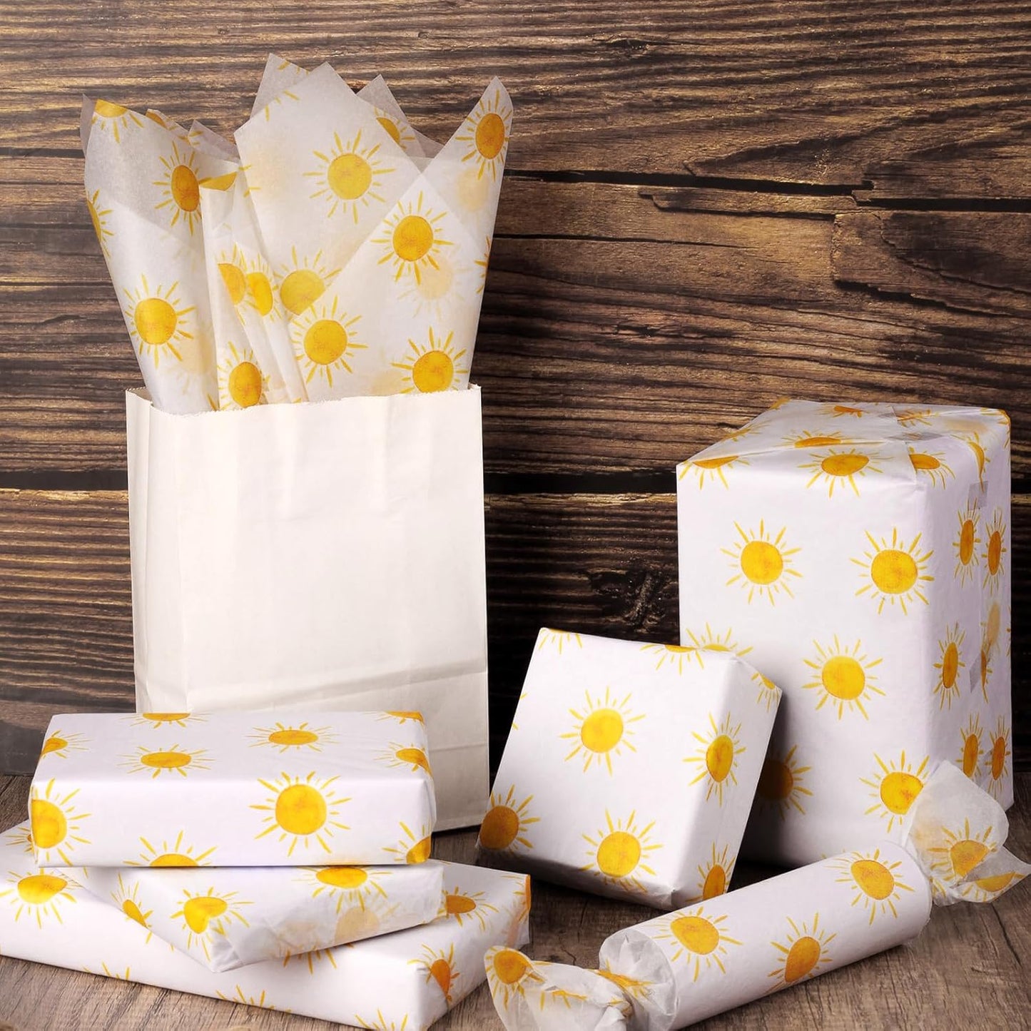 100 Sheets 20 * 14 Inches Boho Sun Tissue Paper for Gift Wrapping, Yellow Sunshine Tissue Paper for Gift Bags for First Trip Around The Sun Birthday Party Baby Shower DIY Craft