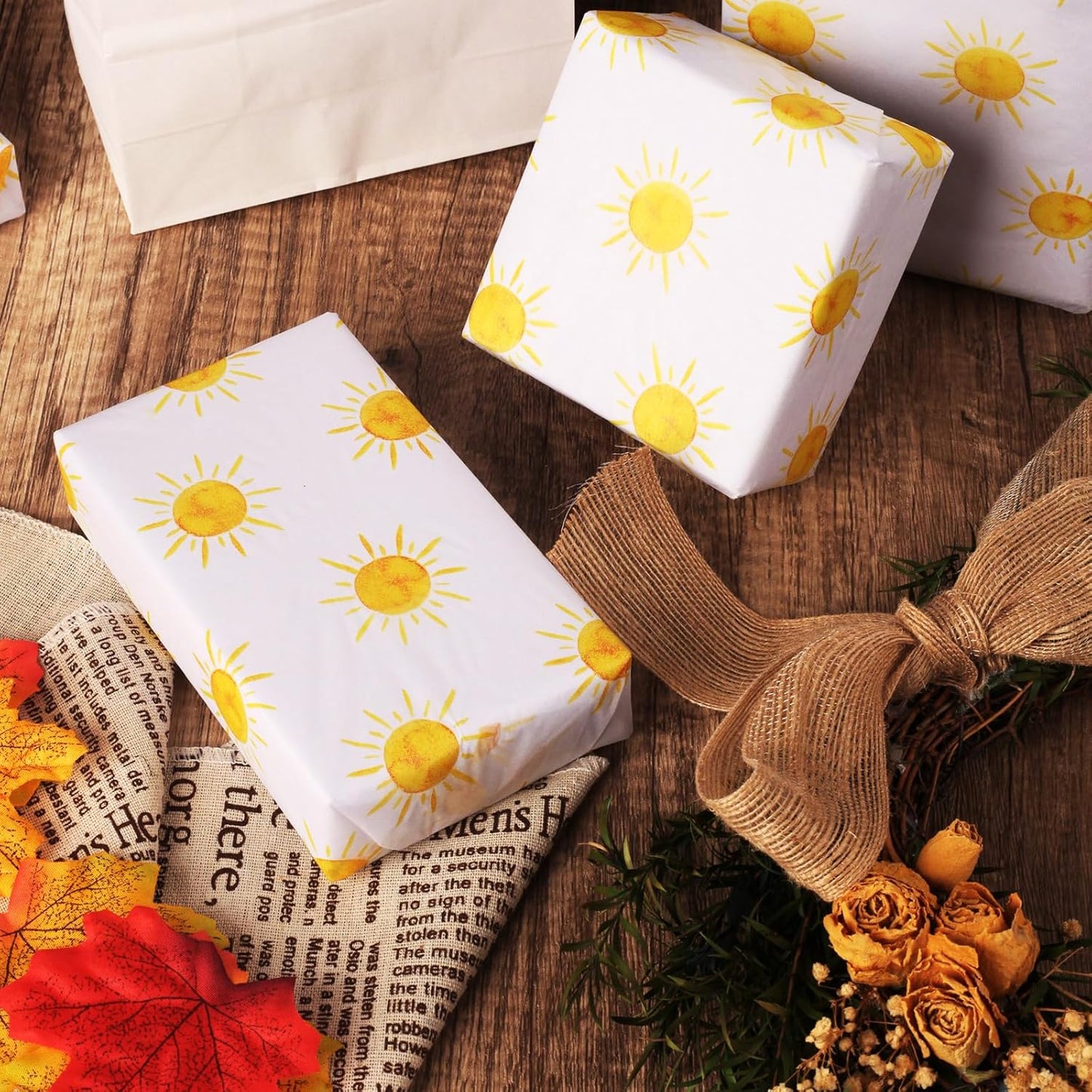 100 Sheets 20 * 14 Inches Boho Sun Tissue Paper for Gift Wrapping, Yellow Sunshine Tissue Paper for Gift Bags for First Trip Around The Sun Birthday Party Baby Shower DIY Craft