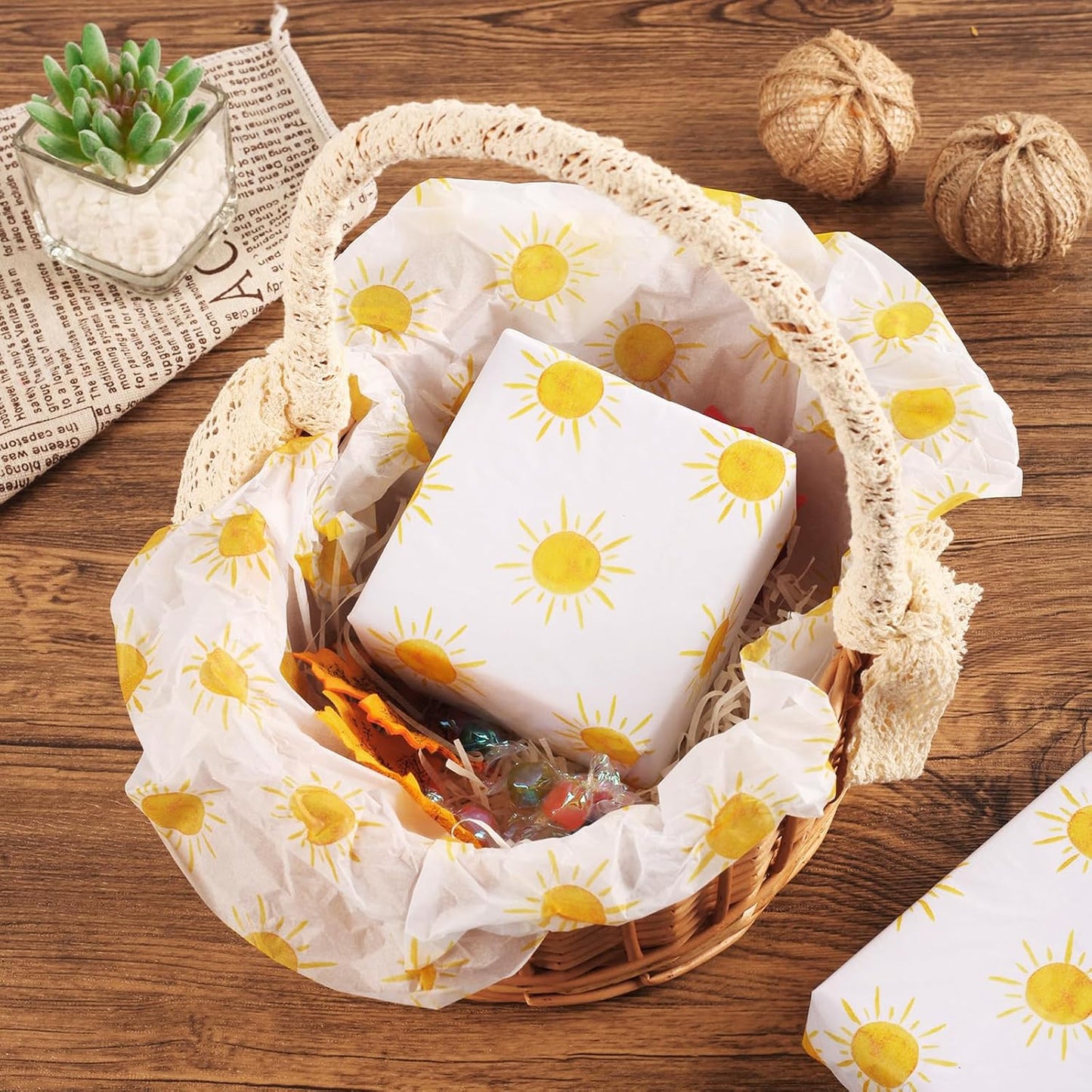 100 Sheets 20 * 14 Inches Boho Sun Tissue Paper for Gift Wrapping, Yellow Sunshine Tissue Paper for Gift Bags for First Trip Around The Sun Birthday Party Baby Shower DIY Craft